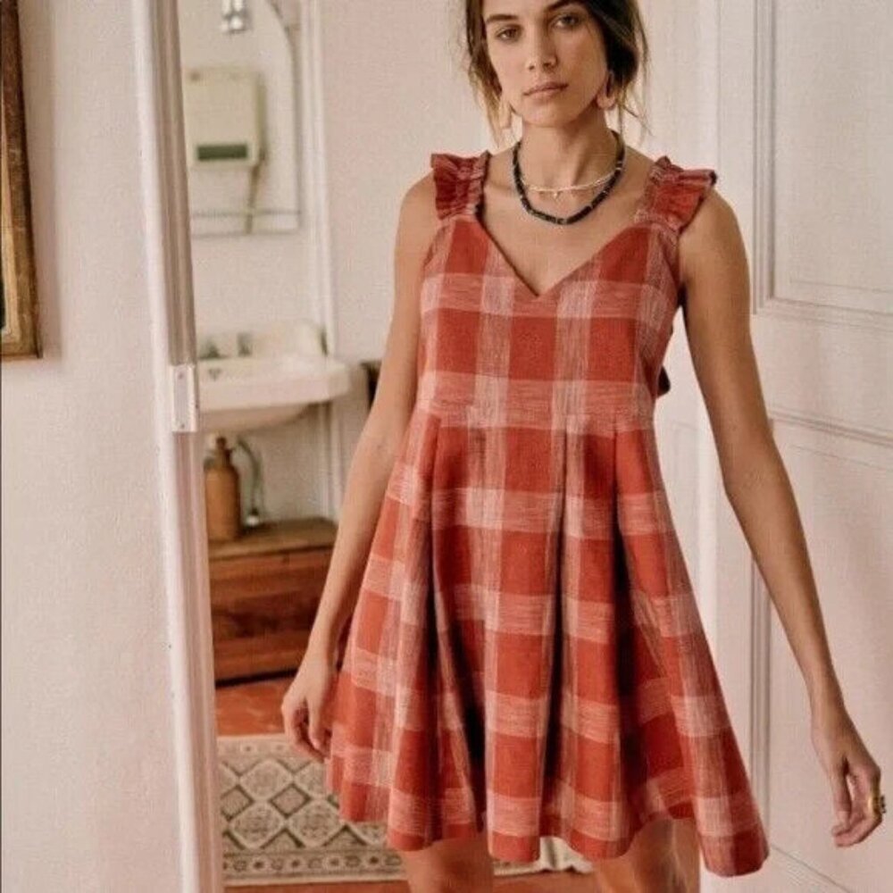 NWT Sezane Lizon in Ocre Ecru Plaid Tie Back Pleated Linen Dress 40 / US 8